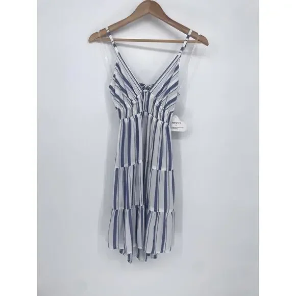 Angie Striped Tiered Coastal Sundress Women’s Large Blue White Shimmer Tie Back - Picture 2 of 12